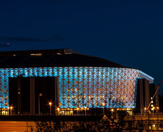 City nightscape with integrated facade and outdoor lighting control system