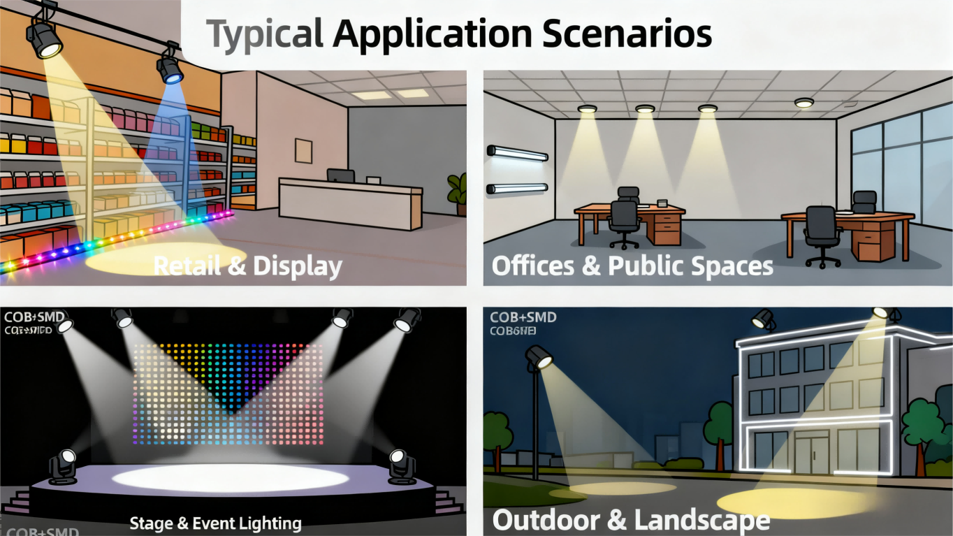 Typical application scenarios of SMD and COB LEDs showing retail display, office lighting, stage lighting, and outdoor landscape illumination