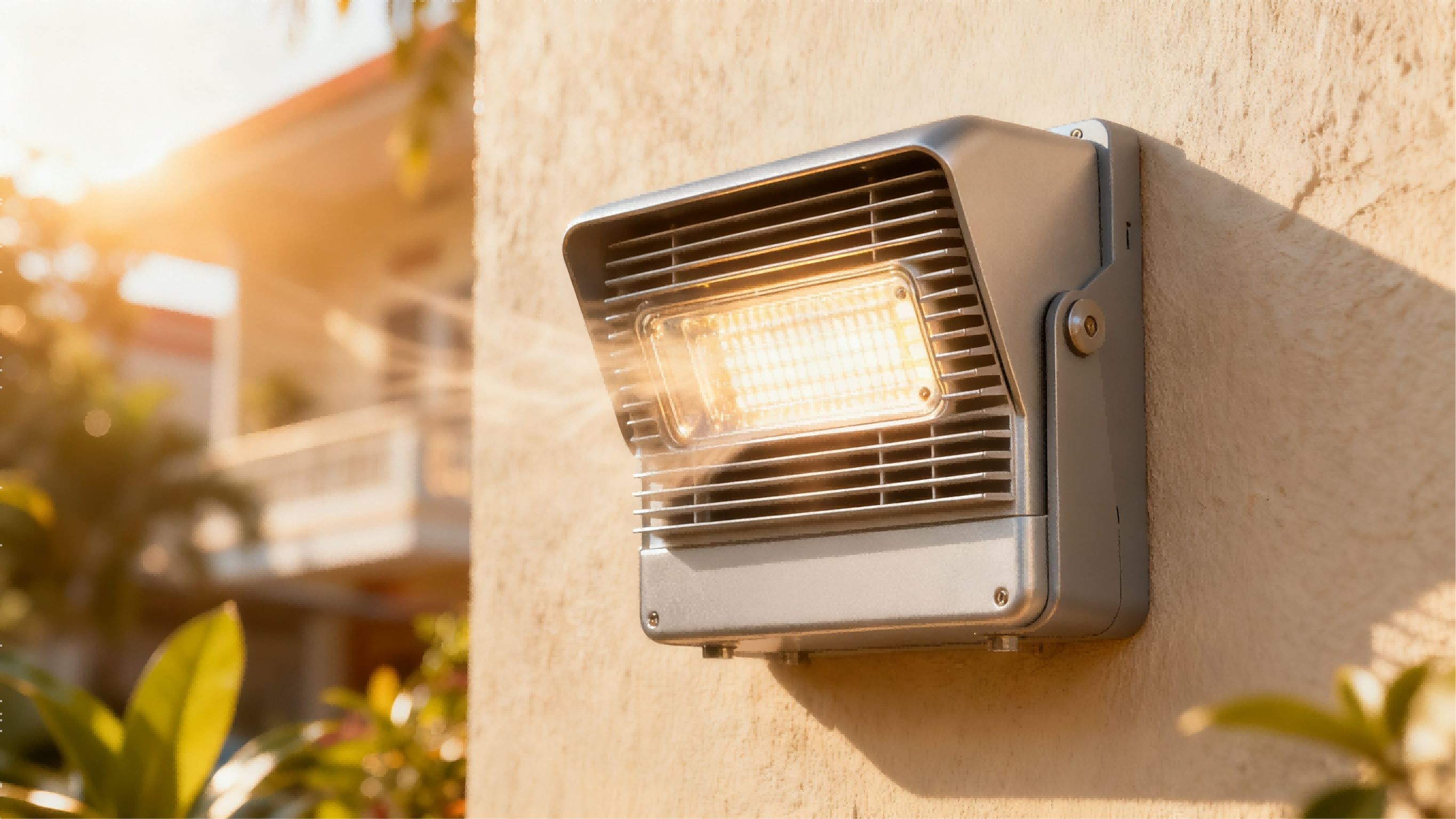 Heat-resistant outdoor LED wall light installed on building facade, showing strong sunlight reflection and high durability in hot climate conditions