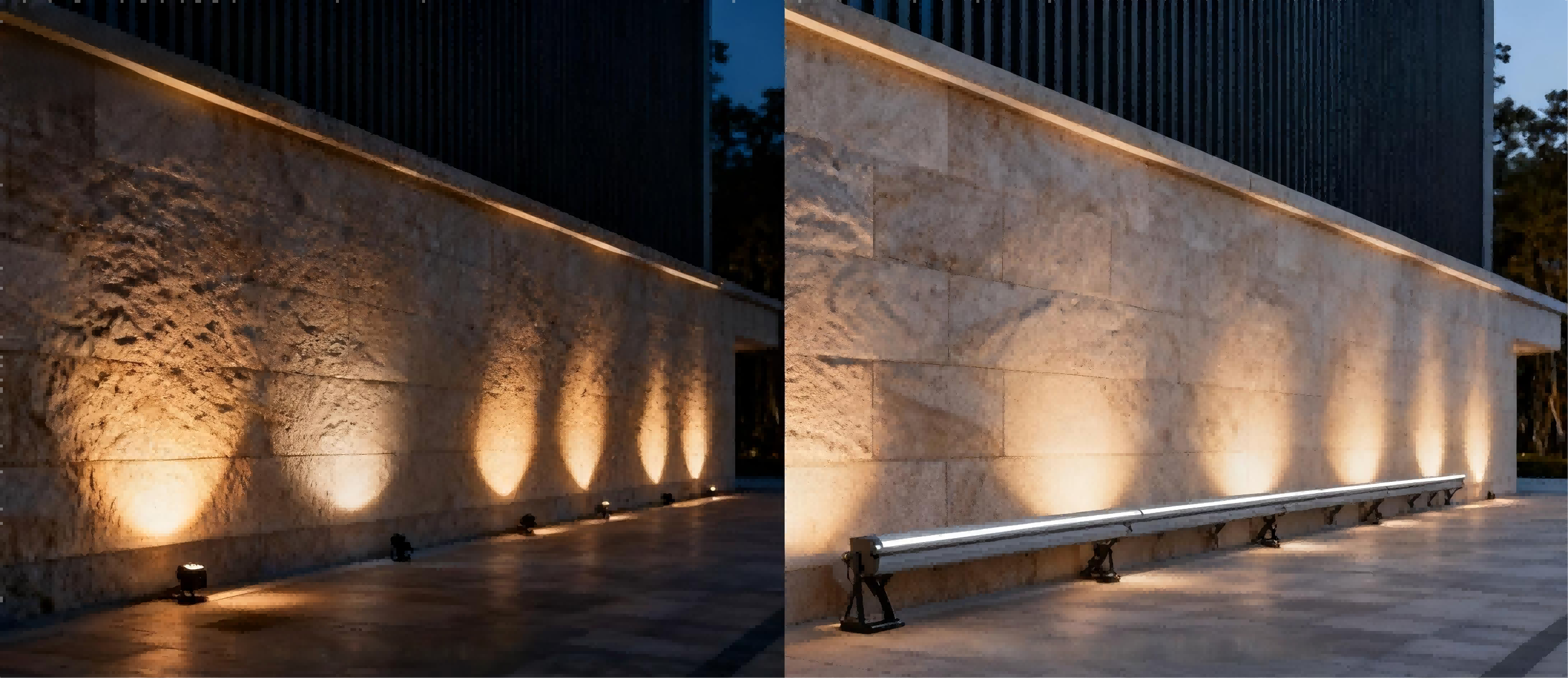Wall Washing vs Flood Lighting Comparison - Architectural Facade Lighting Comparison of LED flood light and wall washer lighting effects on exterior wall, showing texture and uniform illumination for architectural facade lighting