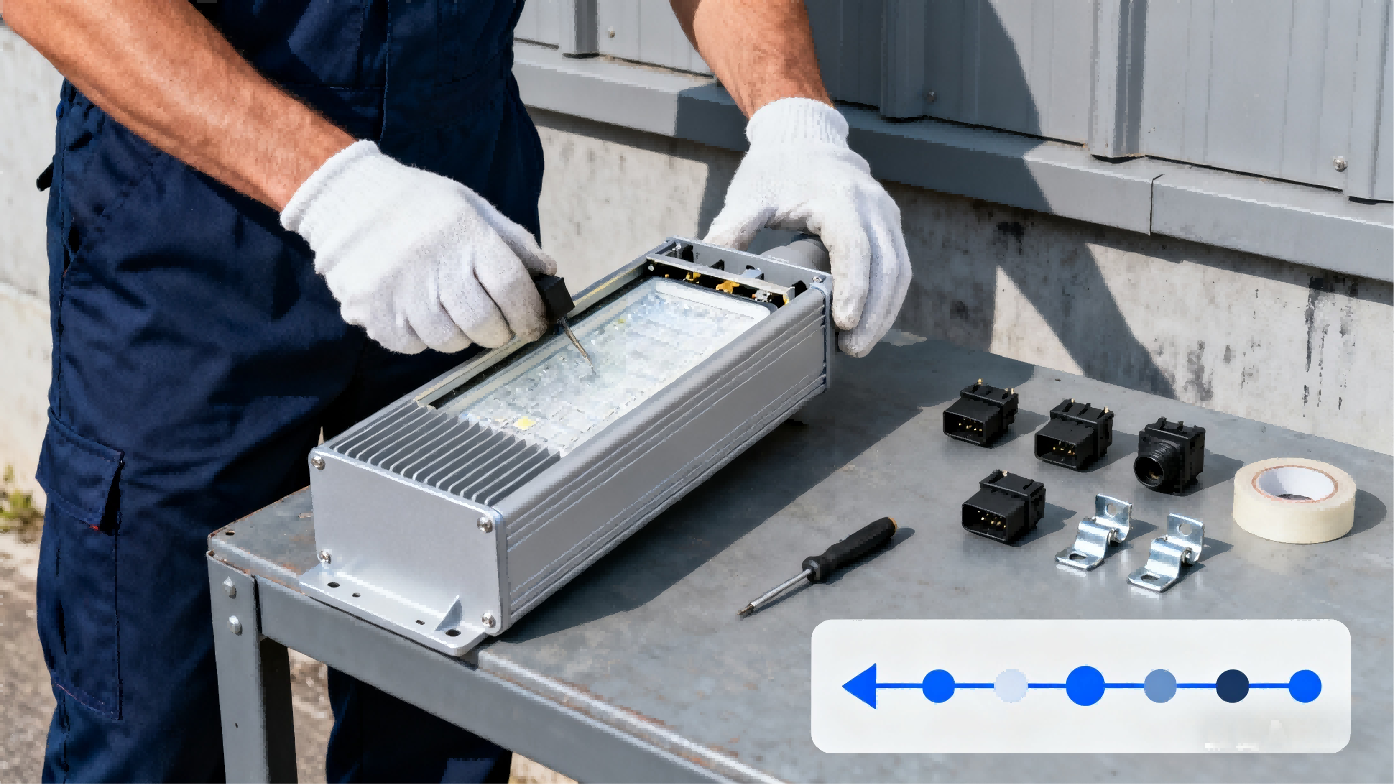 Modular Outdoor Facade Lighting Fixture Maintenance & Installation - LED Architectural Lighting Service Technician performing modular outdoor facade lighting fixture maintenance and component replacement on LED luminaire