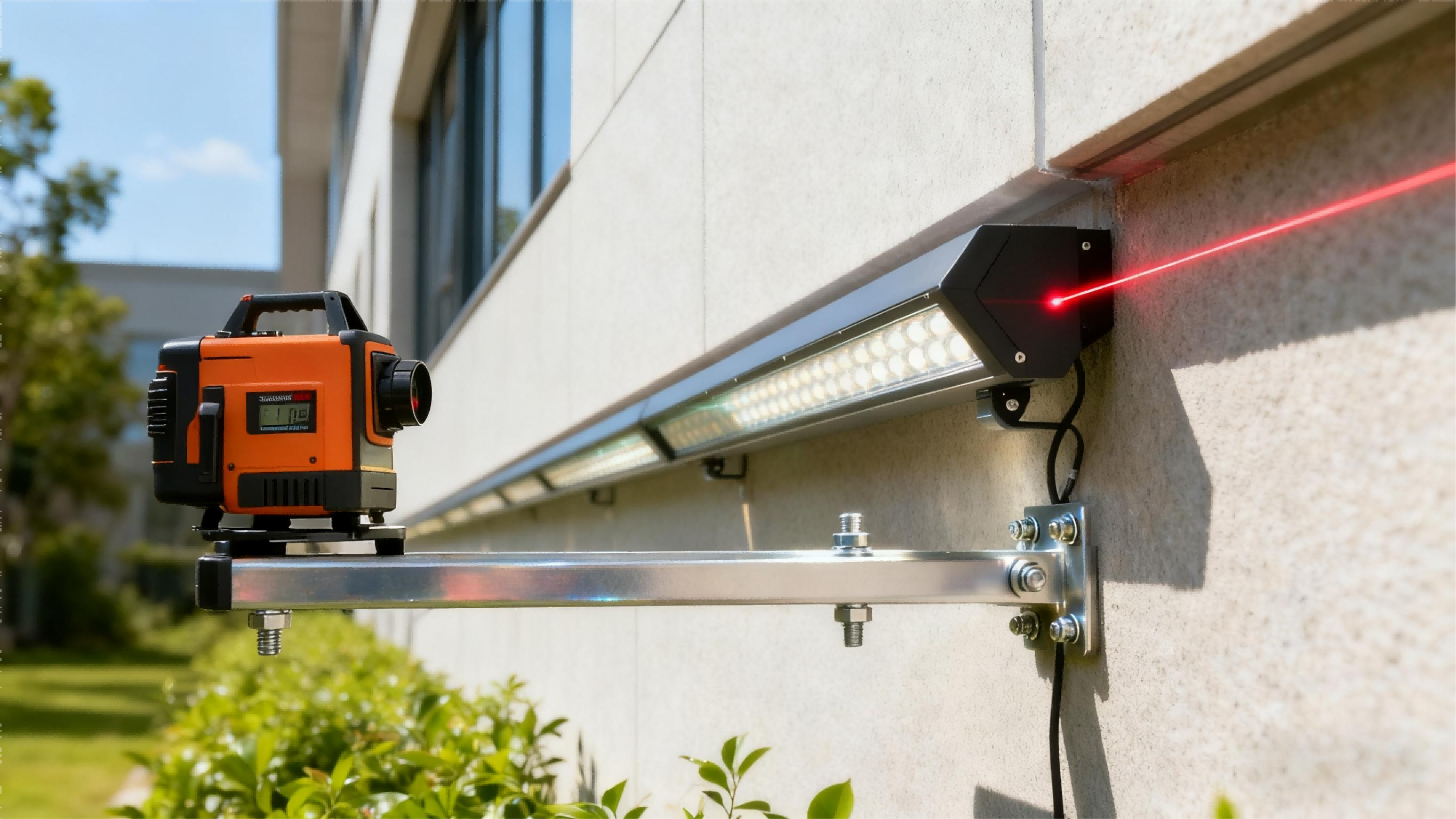 Outdoor LED wall washer installation with laser alignment testing to ensure accurate lighting angle and fixture position for architectural illumination projects