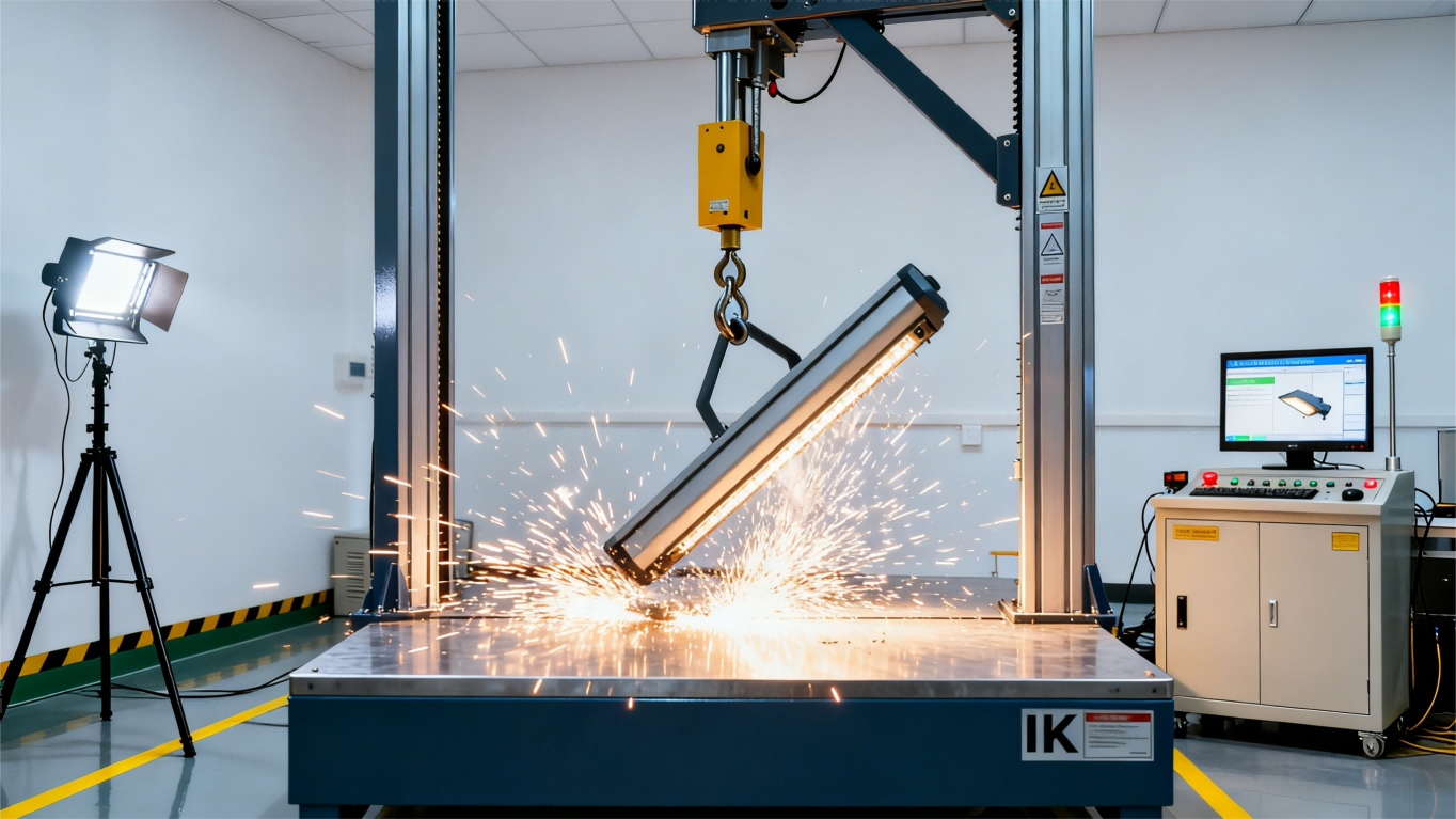 Pendulum impact test on outdoor luminaire in IK certification lab