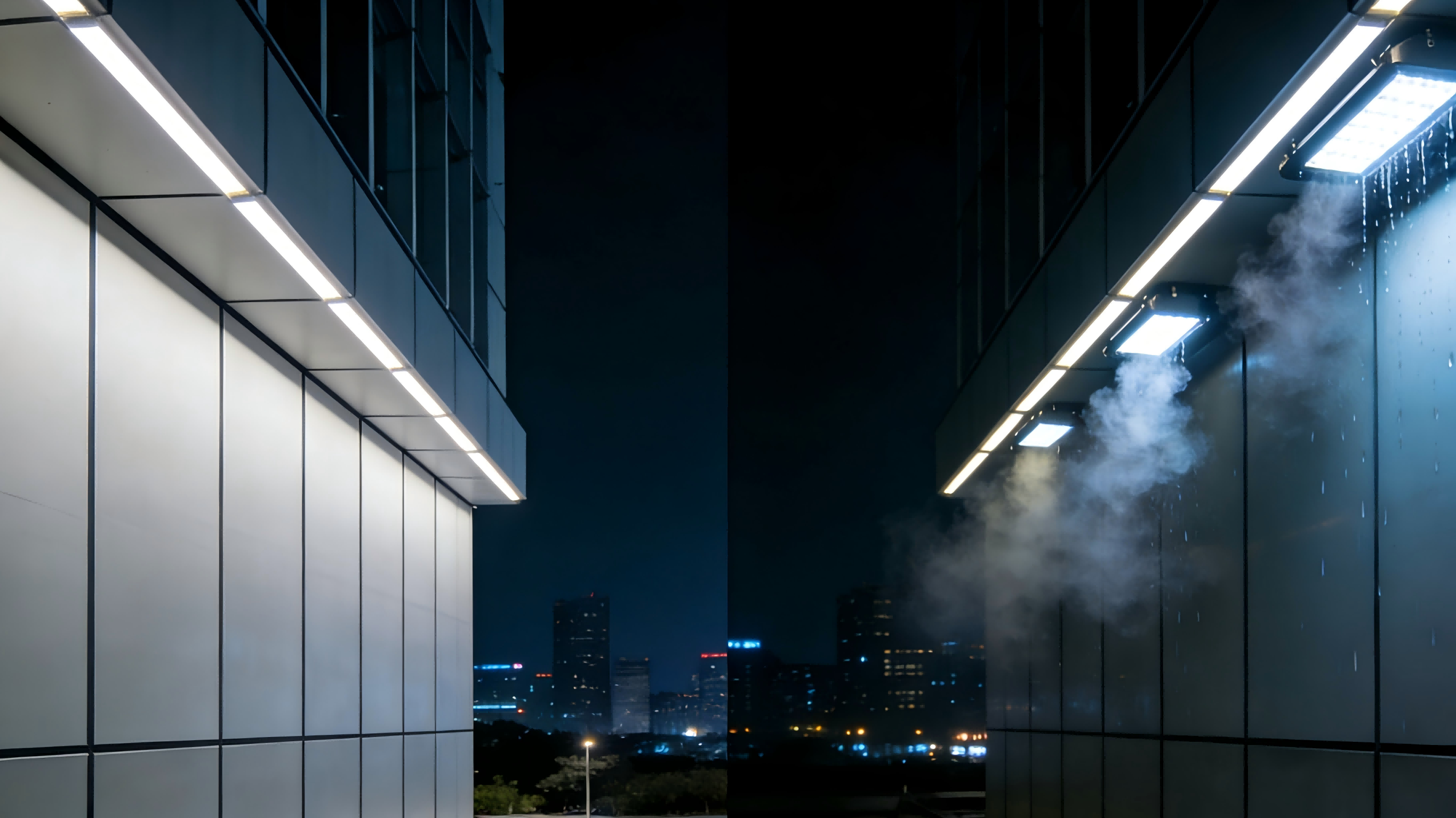 Successful facade lighting installation compared with failed installation showing uneven illumination and premature fixture damage
