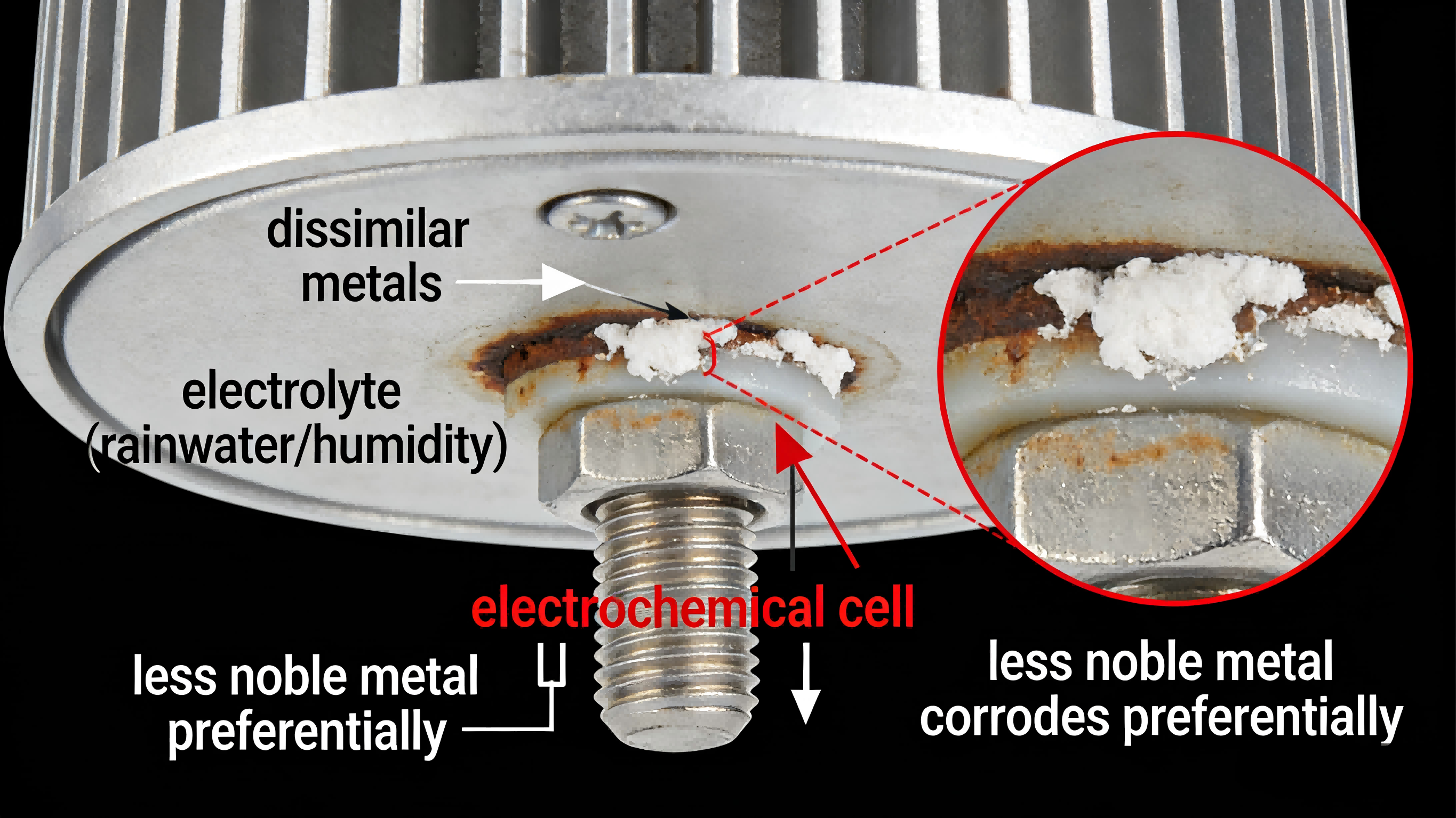 Galvanic corrosion caused by dissimilar metals between facade lighting fixtures and mounting fasteners