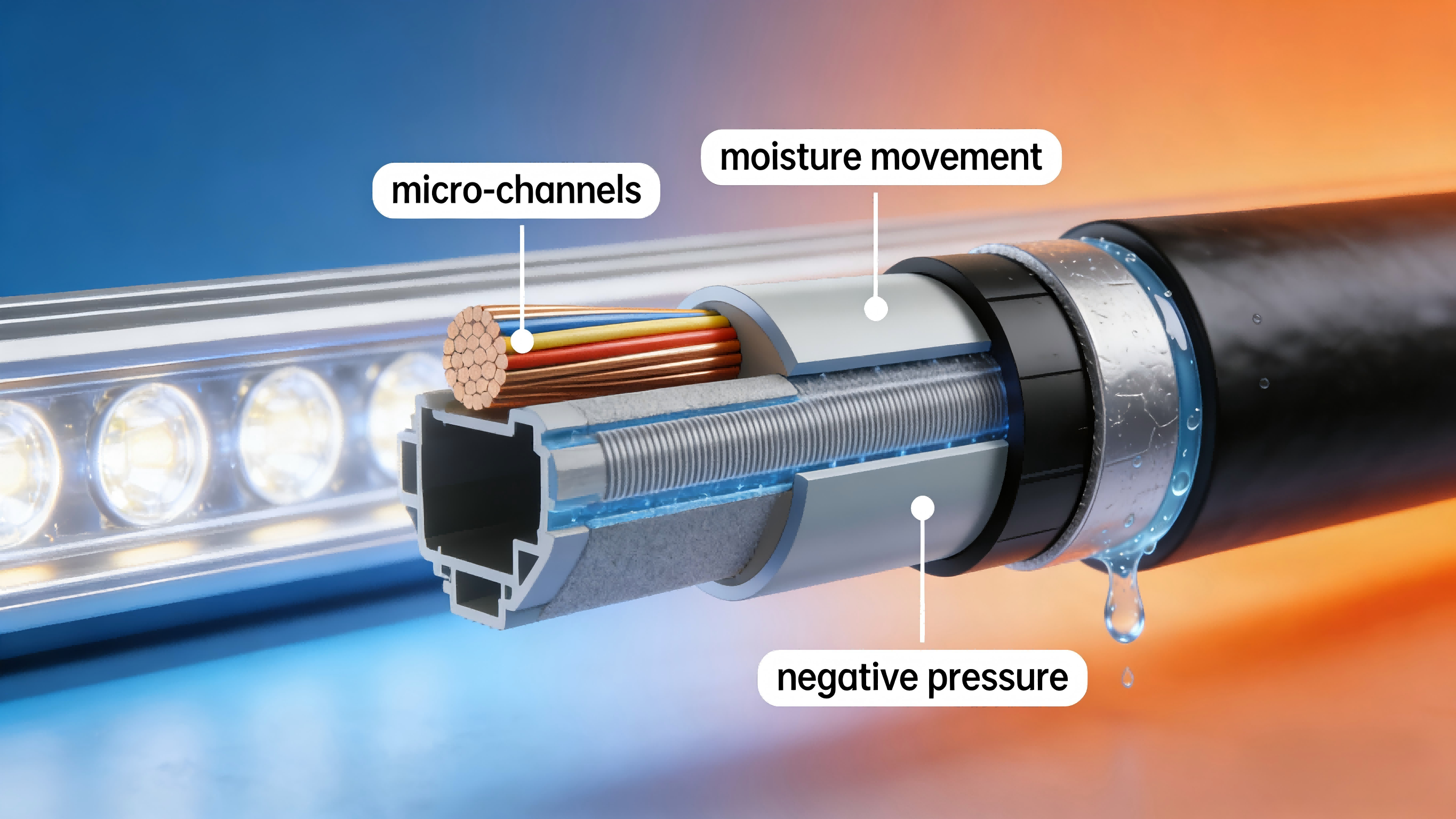 Moisture wicking effect in facade lighting cables with layered sealing using IP68 connectors and heat-shrink protection