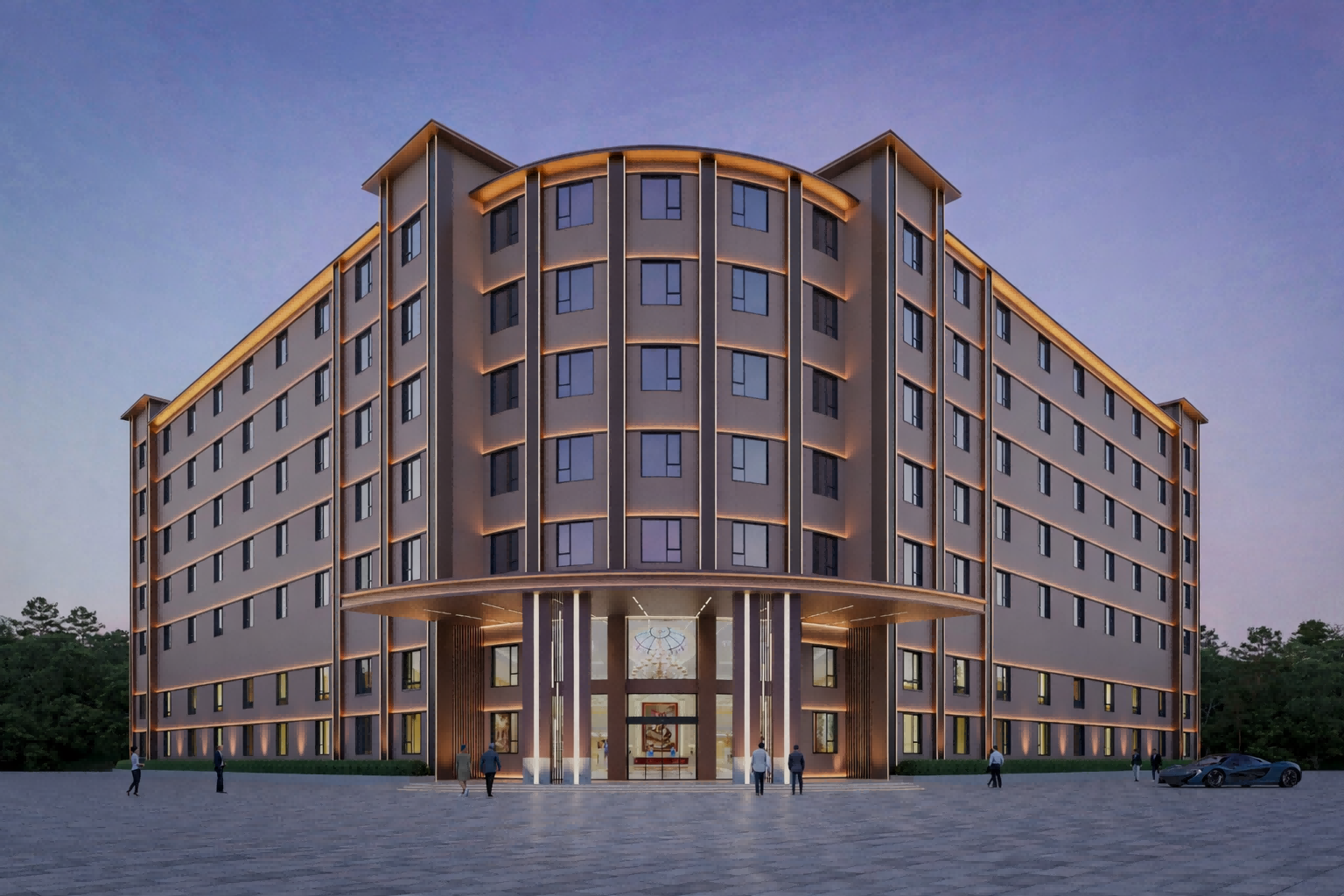 Hotel facade lighting rendering at dusk showing DMX512 linear lights highlighting vertical bands and roofline