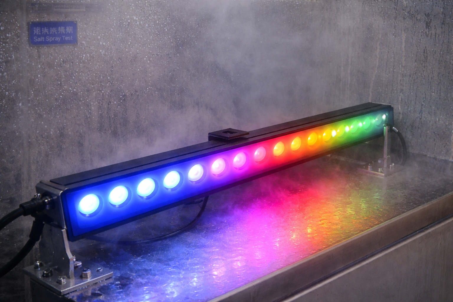 LED wall washer waterproof testing showing IP67 immersion test or salt spray chamber