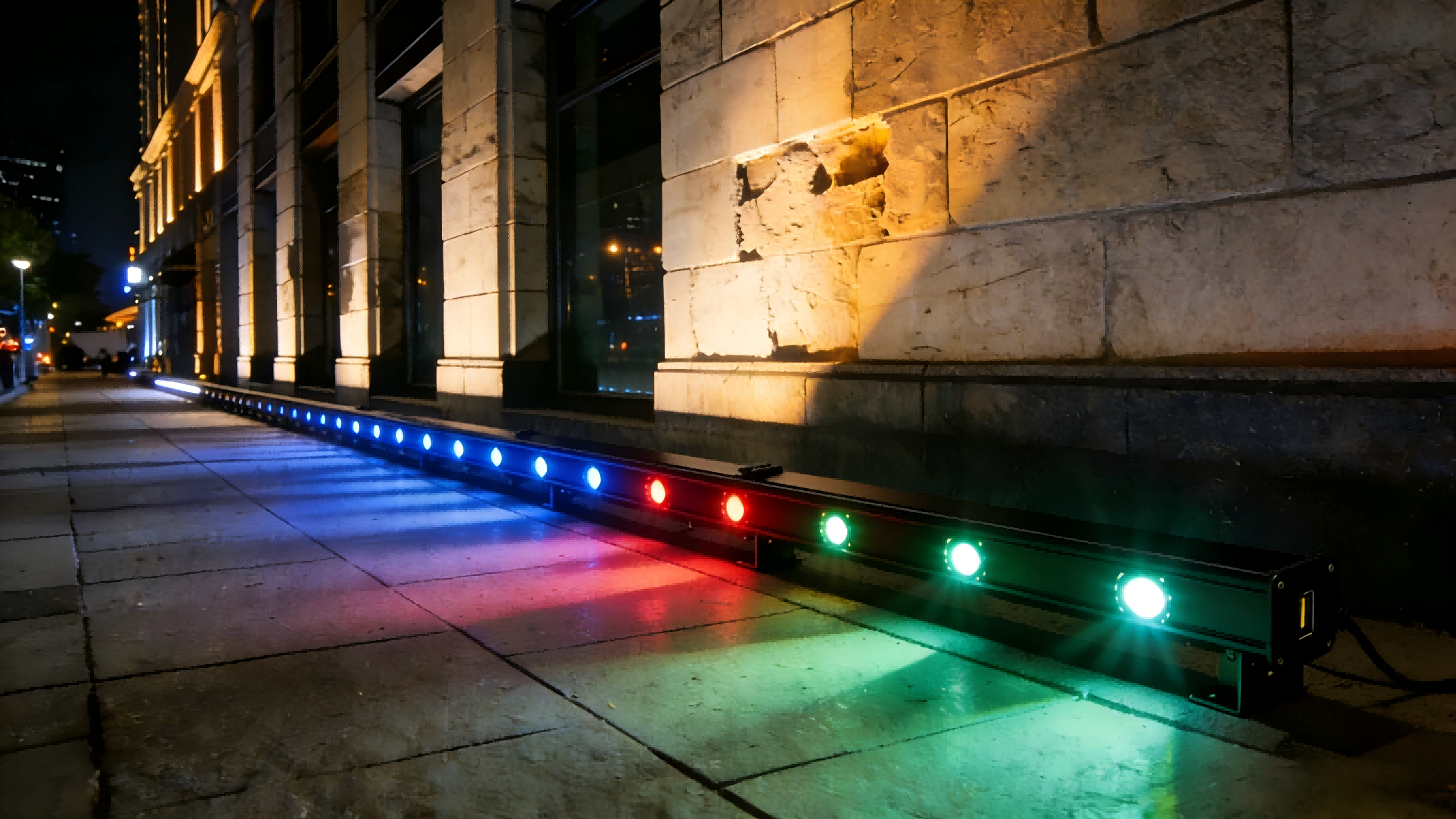 RGBW LED wall washer lighting installed along a building facade, demonstrating color control, uniform wall washing, and architectural lighting design