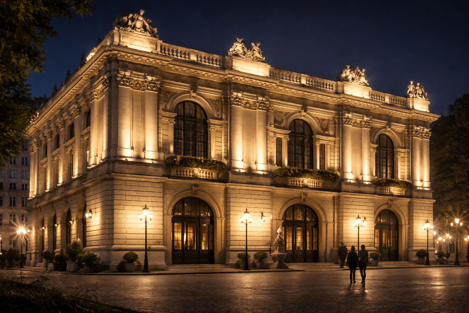 Historic building facade illuminated with warm white LED wall washers, highlighting architectural details with soft and even lighting