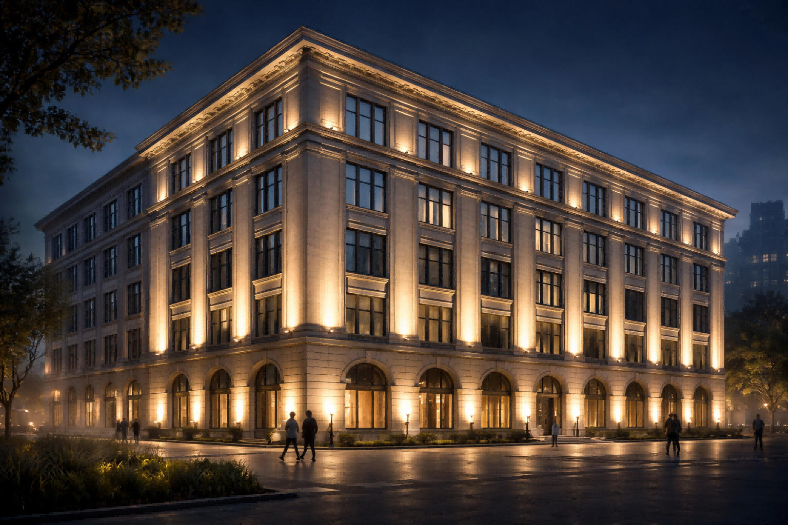 Historic building facade illuminated with warm white LED wall washer lighting showing soft and uniform architectural wash