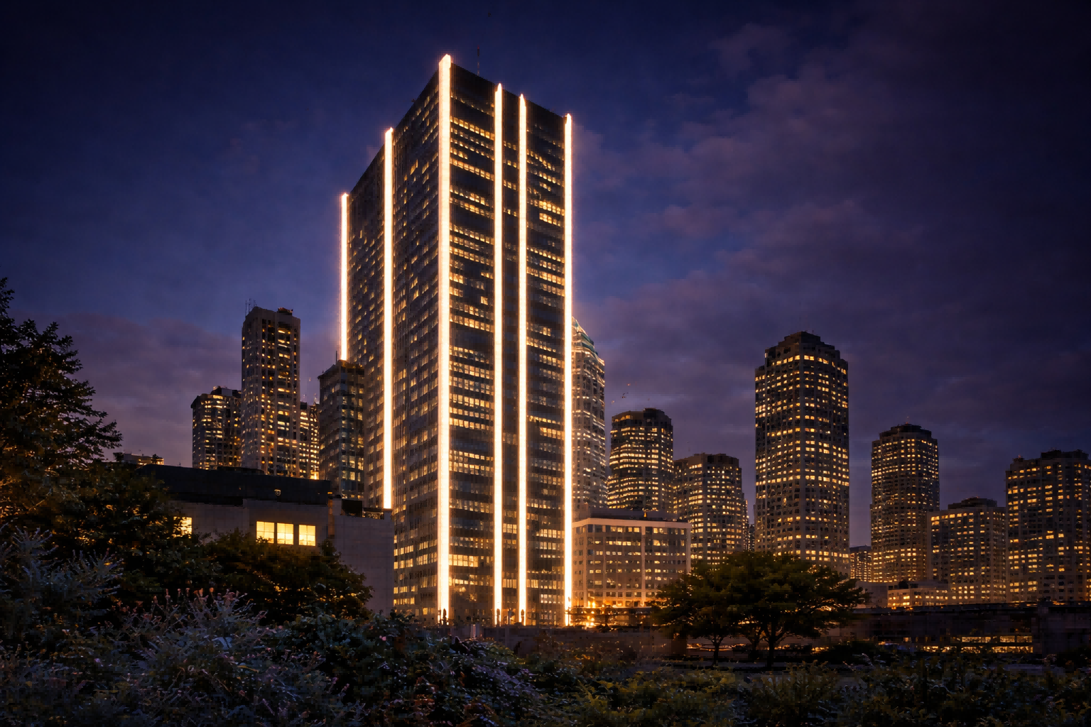 Modern Manhattan skyscraper with vertical outdoor linear lighting emphasizing the architectural facade and skyline at night