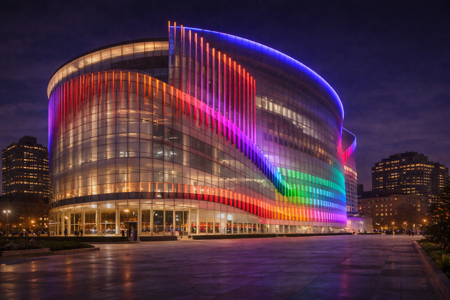RGB outdoor linear lighting forming dynamic rainbow bands across a curved glass architectural facade at night