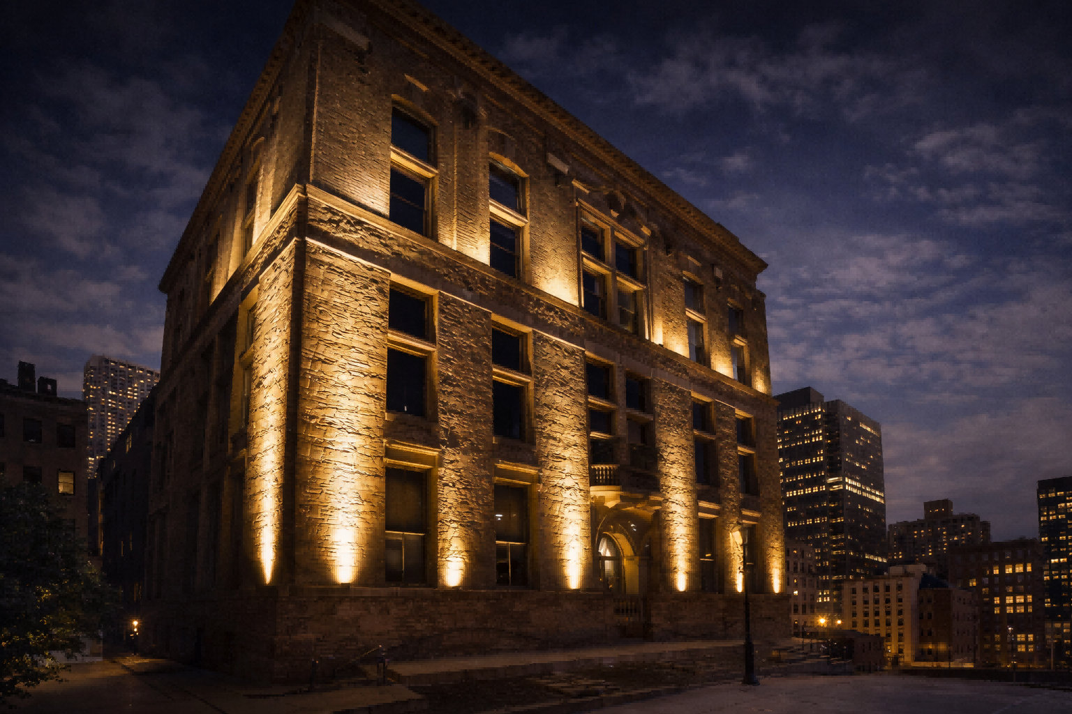Historic masonry building illuminated with outdoor linear facade lighting highlighting architectural textures at night in a United States urban setting