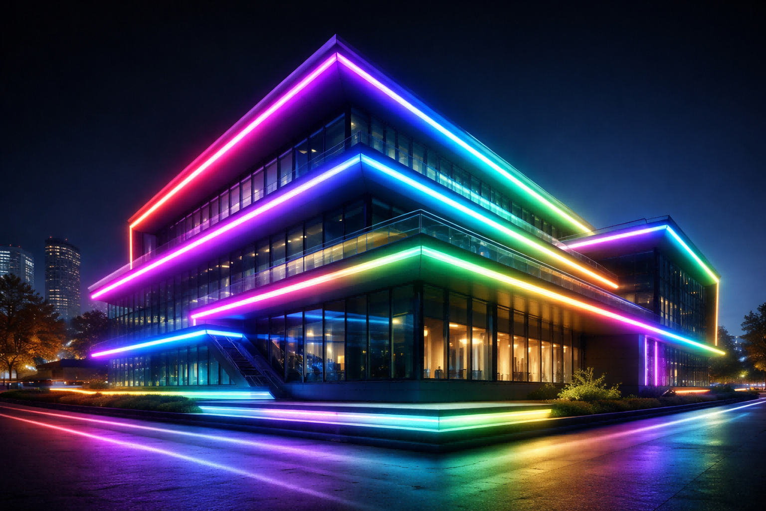 DMX512 controlled RGB LED linear lighting creating dynamic color changing building facade at night