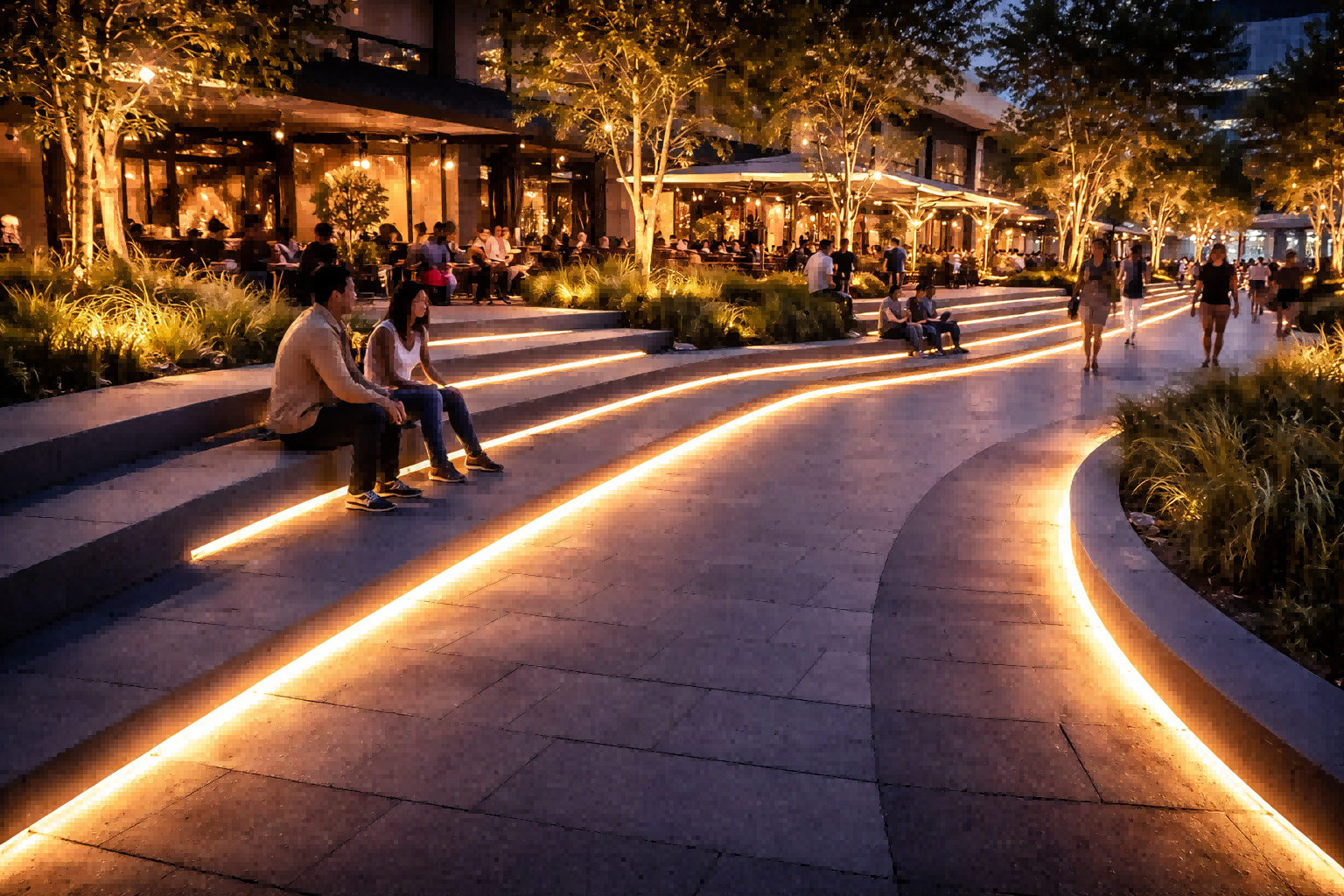 Outdoor linear lighting for plaza walkway with warm ambient light