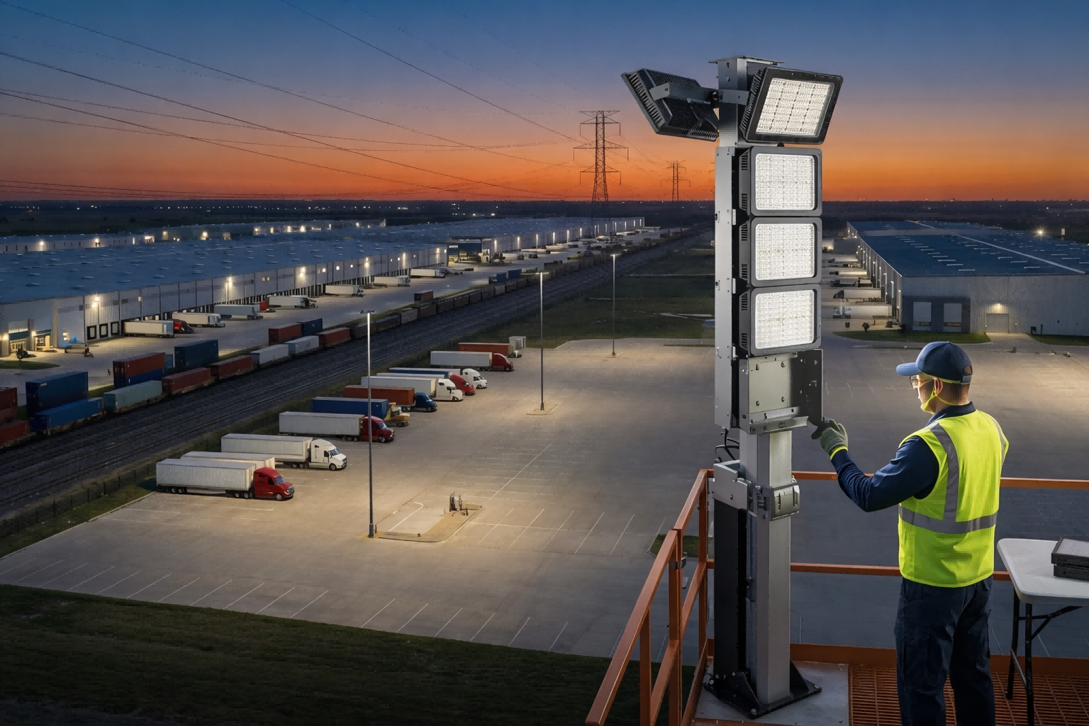 High mast LED flood lighting for large scale U.S. industrial logistics and warehouse projects at night
