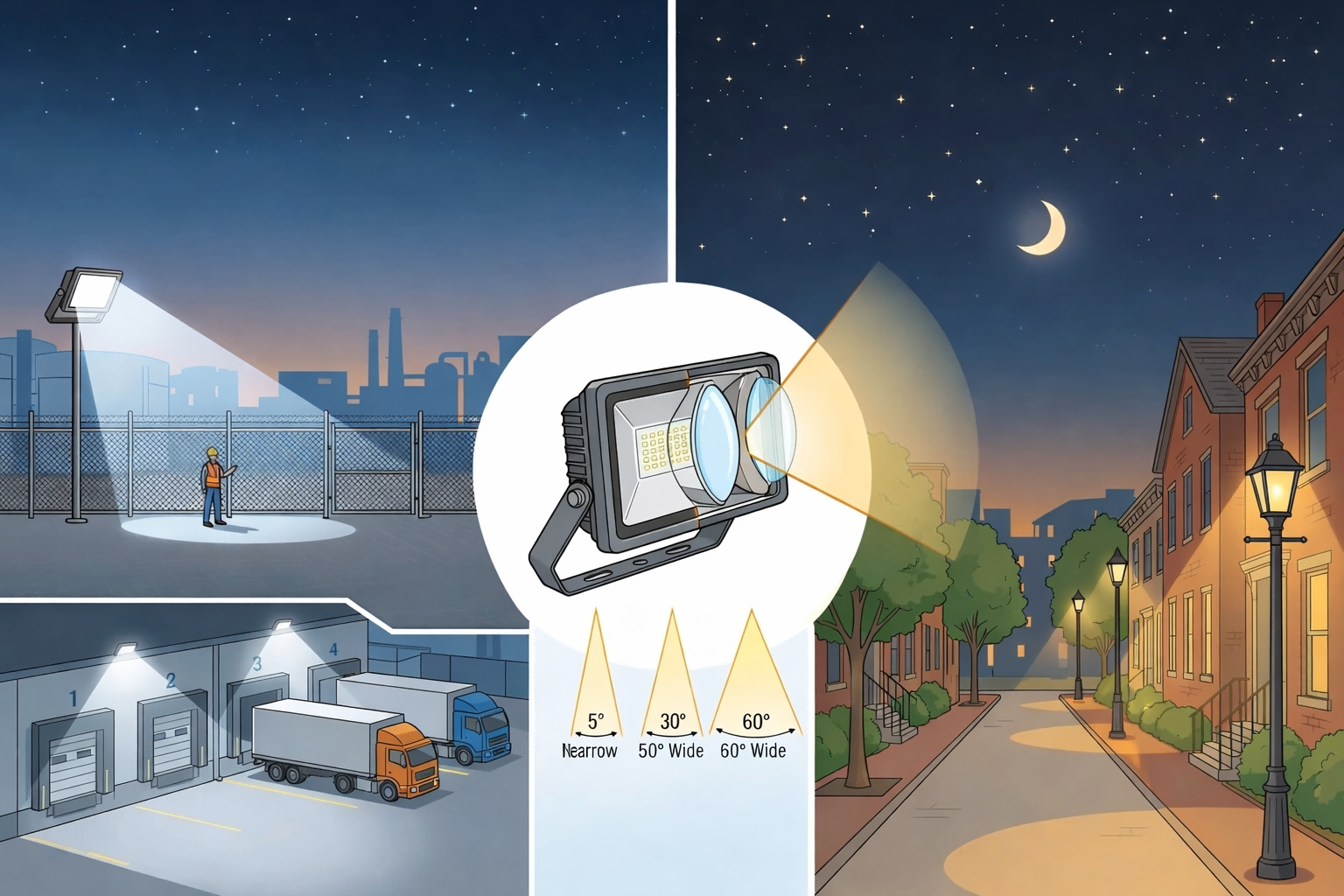 LED flood light optics diagram showing beam angle control, 5700K security lighting and 3000K dark sky compliant illumination
