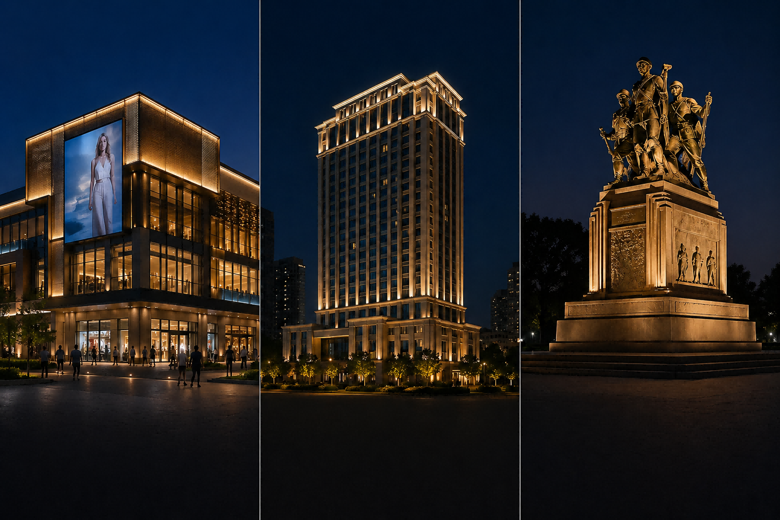 Outdoor lighting design for commercial facades, landmark buildings, and monuments with wall washing, contour lighting, and monument illumination