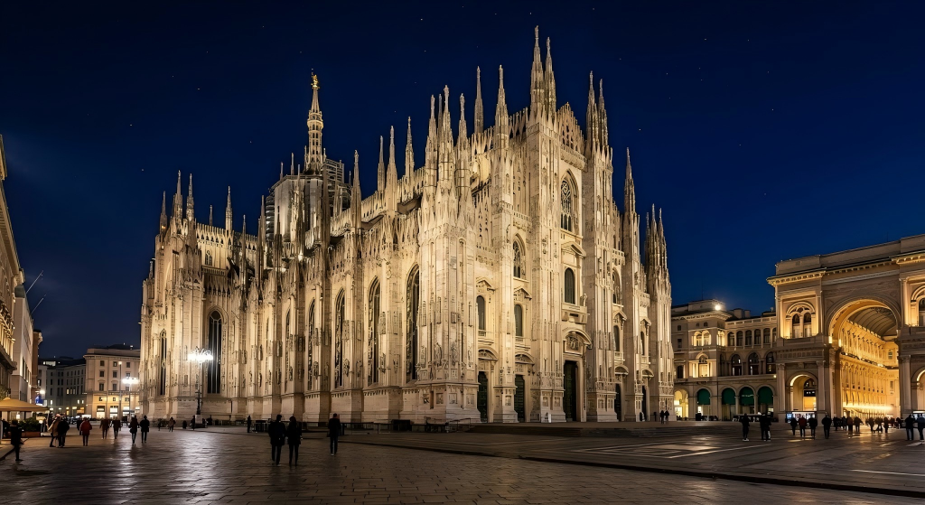 Night view of a grand Gothic cathedral with precise LED architectural landscape lighting, highlighting intricate textures with a dramatic high-lumen design.