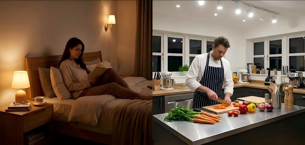 A split-screen comparison of indoor lumen needs: a cozy, dimly lit bedroom with a 400-600 lumen bedside lamp for reading on the left, and a bright, well-lit modern kitchen countertop with thousands of lumens for task work on the right.