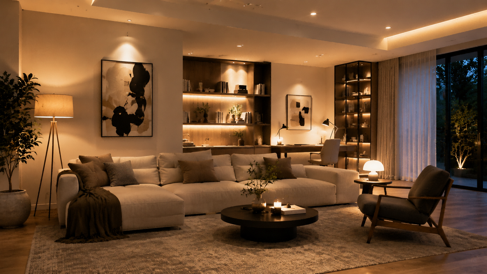 Multi-layered modern lighting design in a luxury residential living room, featuring warm floor lamps, recessed spotlights, and hidden cove lighting to create a comfortable and sophisticated atmosphere.