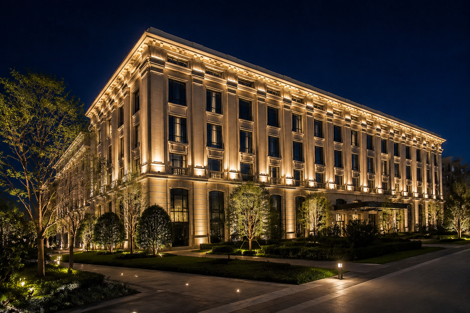Outdoor architectural lighting project showing LED facade illumination powered by a reliable outdoor lighting power supply system