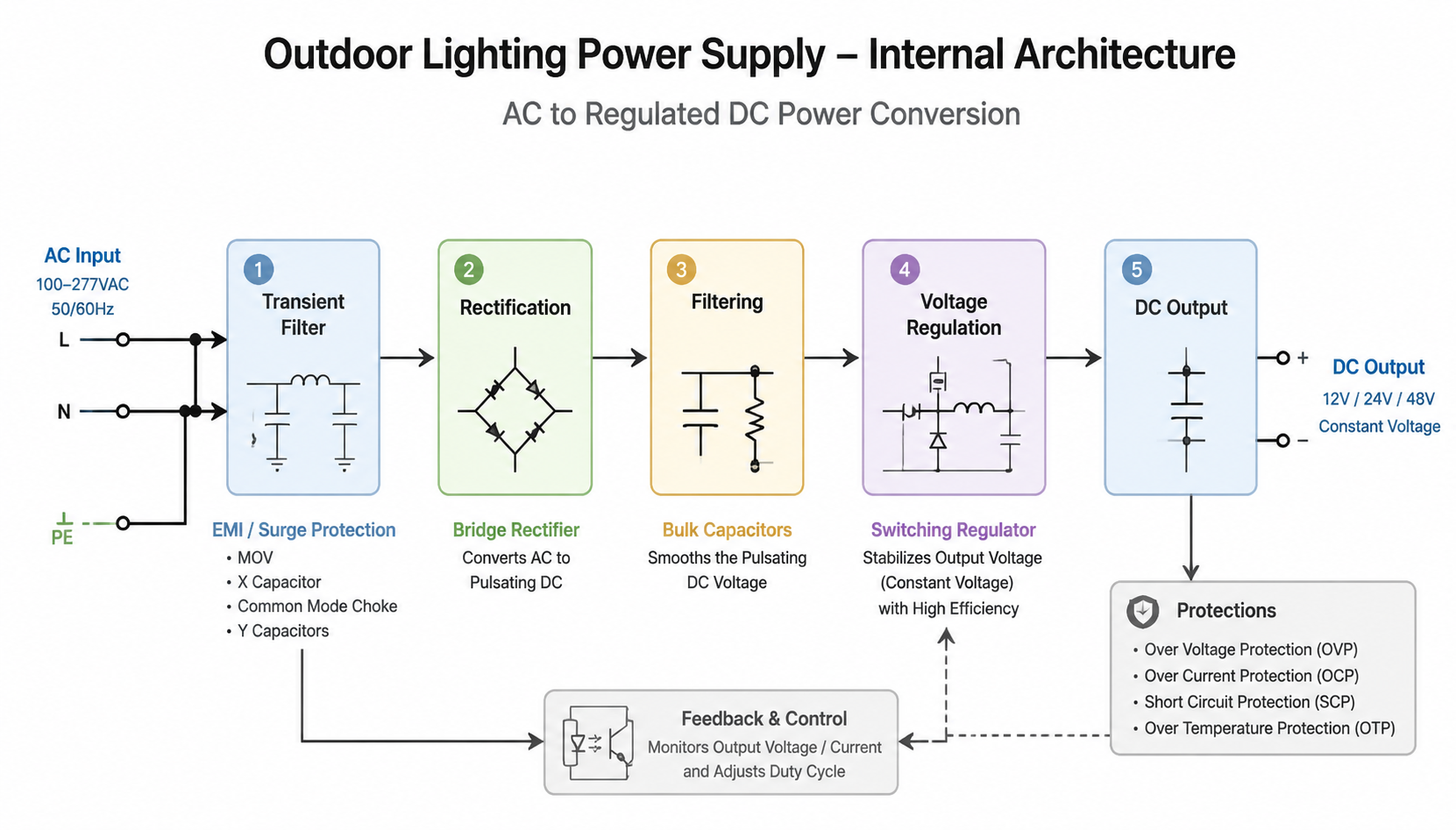 Internal architecture diagram showing outdoor lighting power supply AC input, transient filter, rectification, filtering, voltage regulation and DC output stages