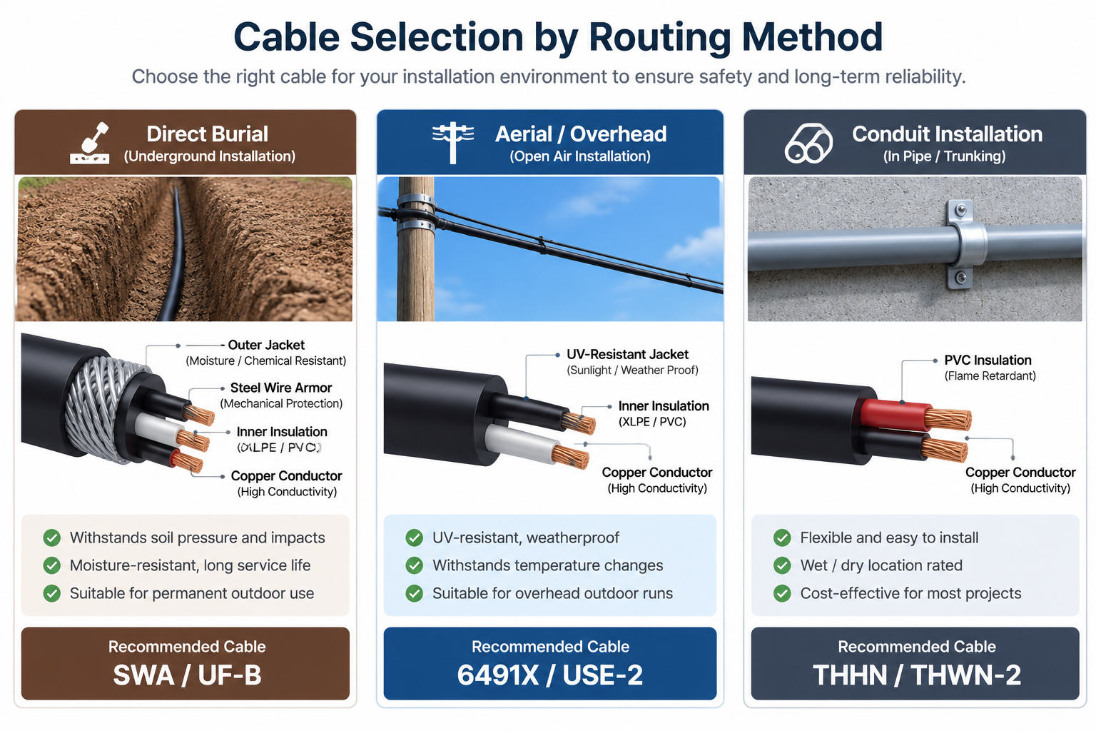 Outdoor lighting cable selection guide showing direct burial, aerial and conduit installation methods