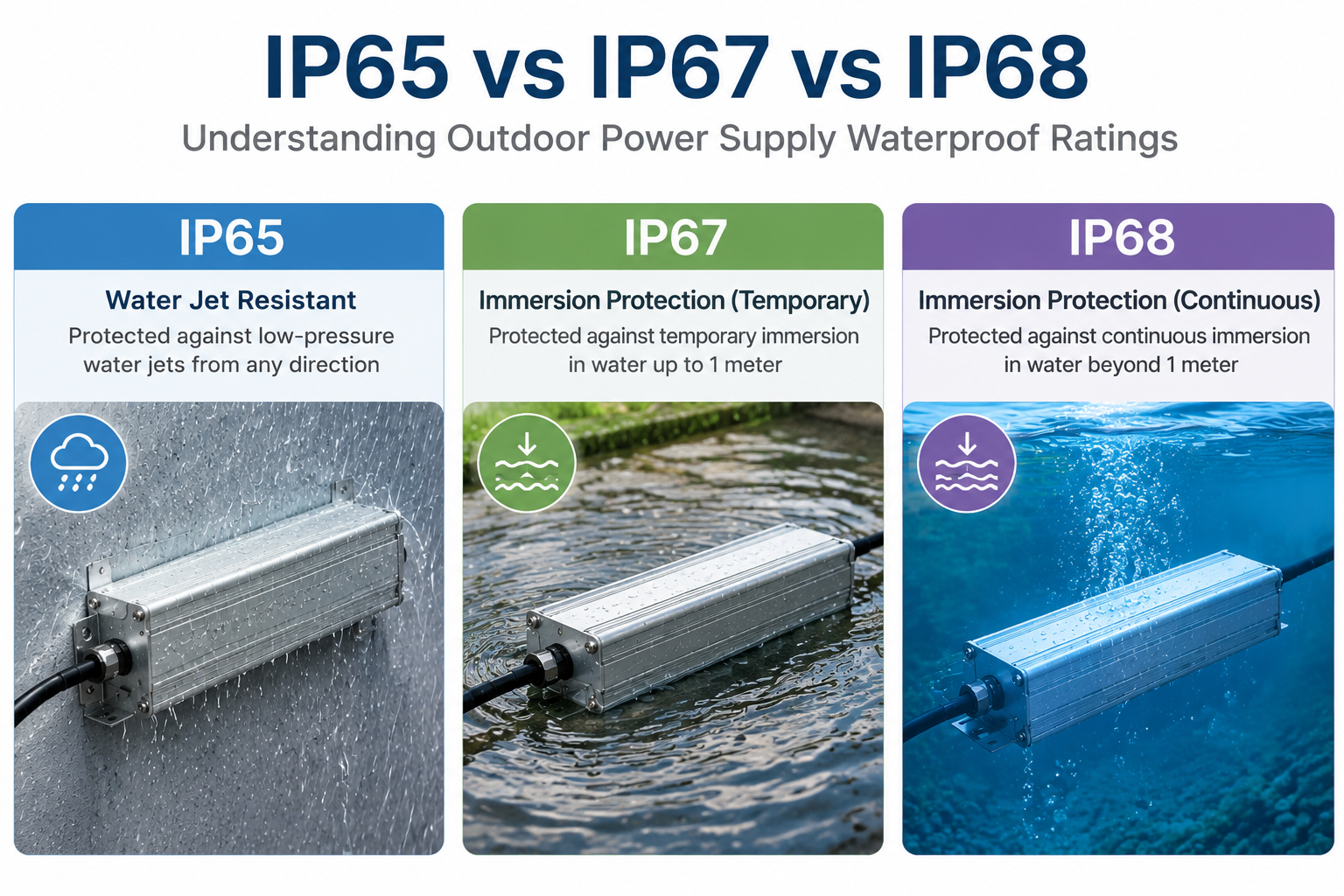 IP65 vs IP67 vs IP68 waterproof rating comparison for outdoor lighting power supply