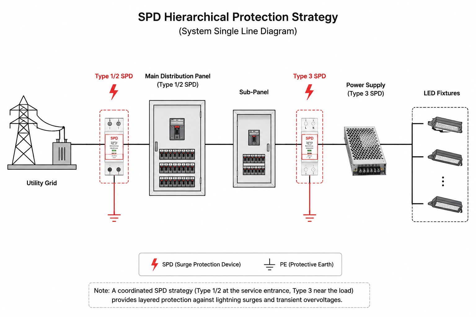 LED outdoor lighting surge protection strategy diagram showing Type 1 Type 2 and Type 3 SPD protection layers
