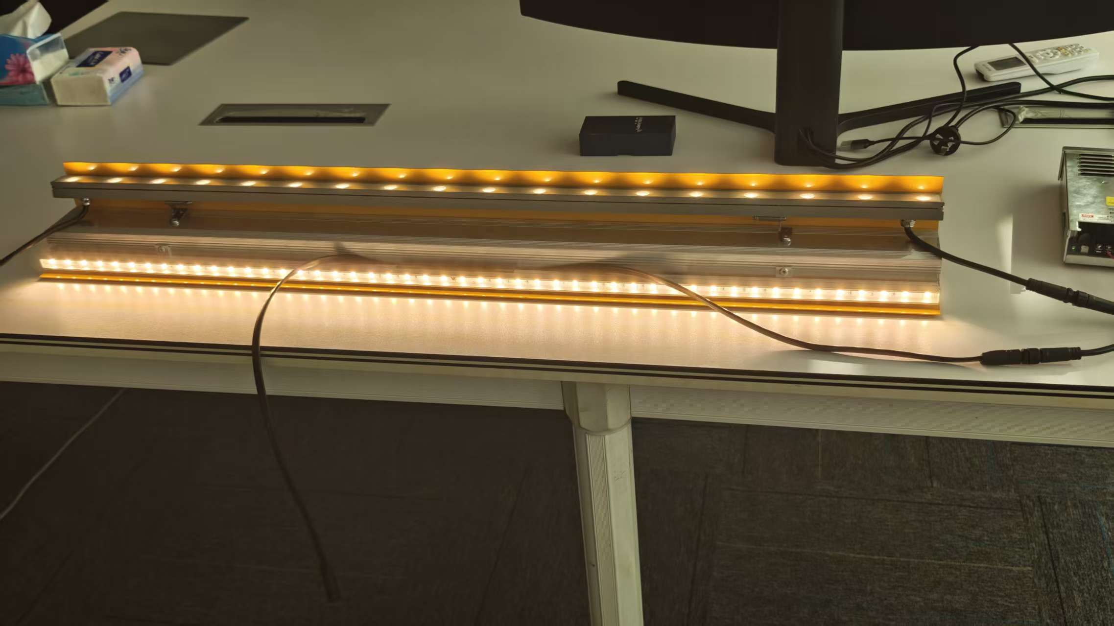 Wall washer and linear light beam testing showing combined downward and sideways illumination effects