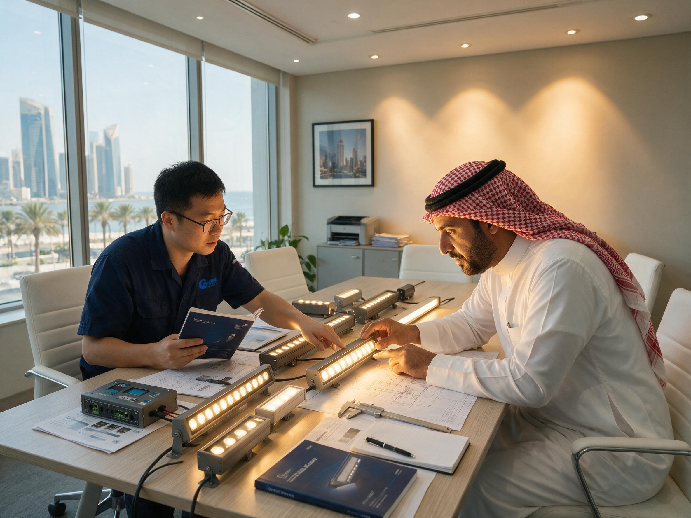 Lighting engineer demonstrating DMX512 LED wall washers and linear lights to a Saudi client during an architectural lighting project review