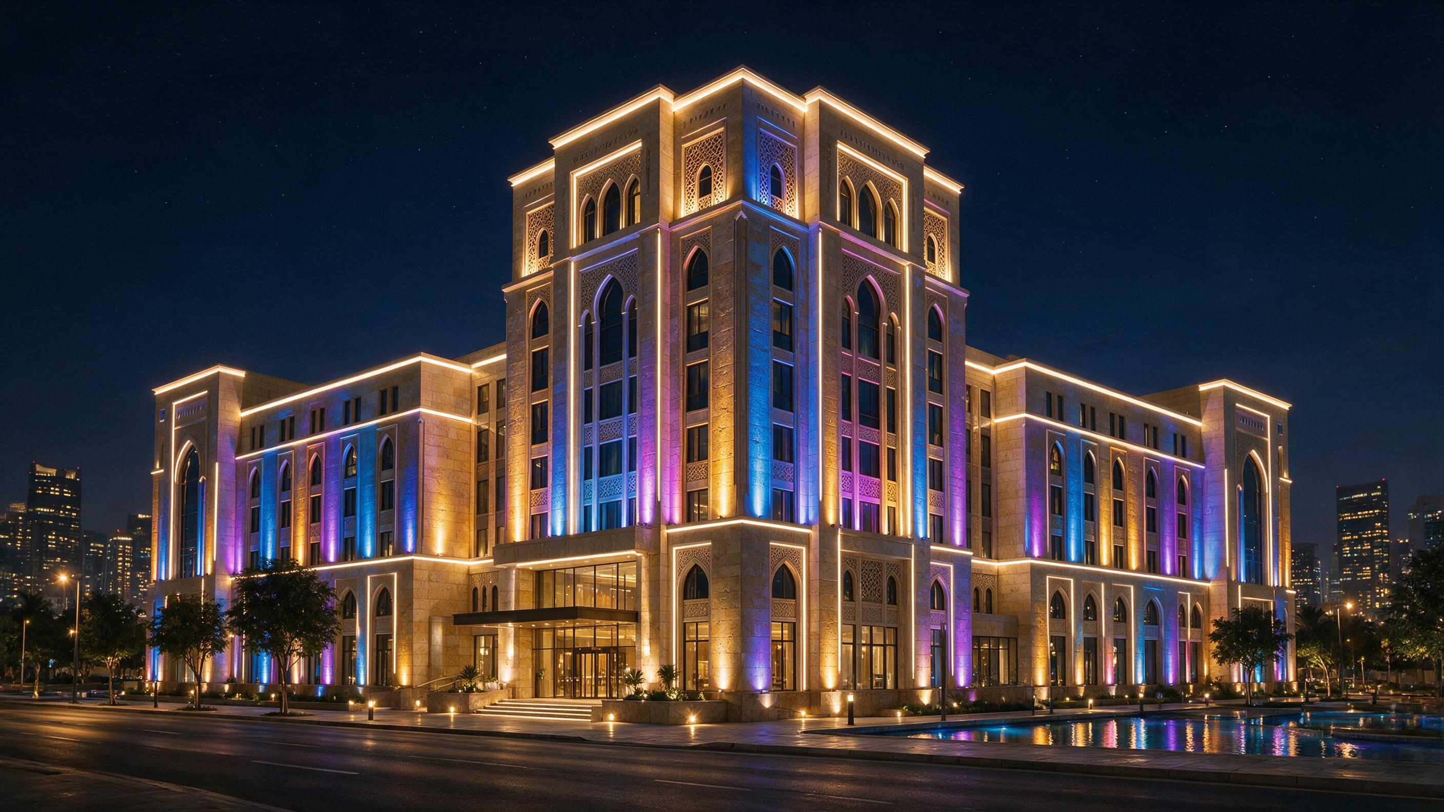 Modern commercial building facade illuminated with DMX512 LED architectural lighting solutions in Saudi Arabia
