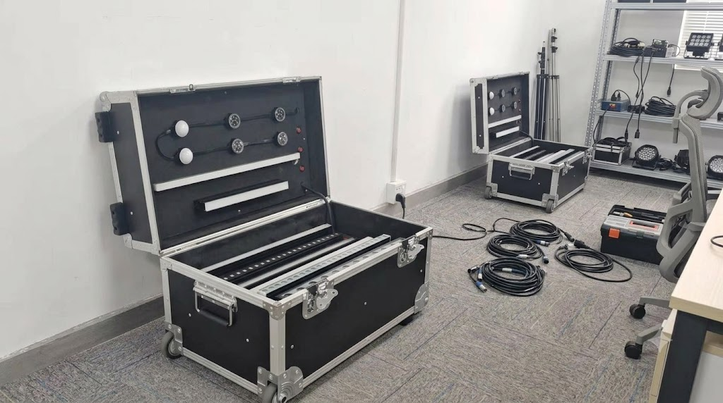Professional LED lighting demo cases and equipment prepared for overseas architectural lighting projects and customer demonstrations