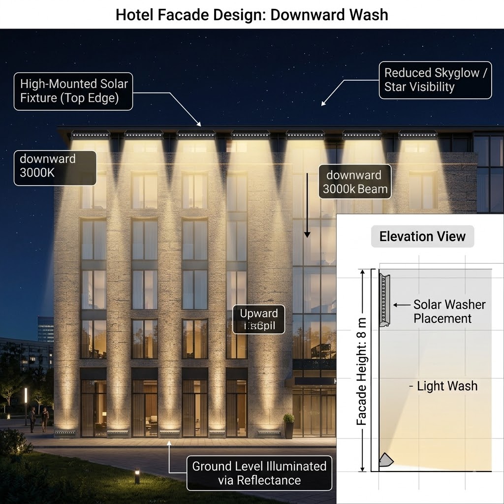 Hotel facade 100m x 8m design simulation showing high-mounted downward solar wall washers and beam optical profile.