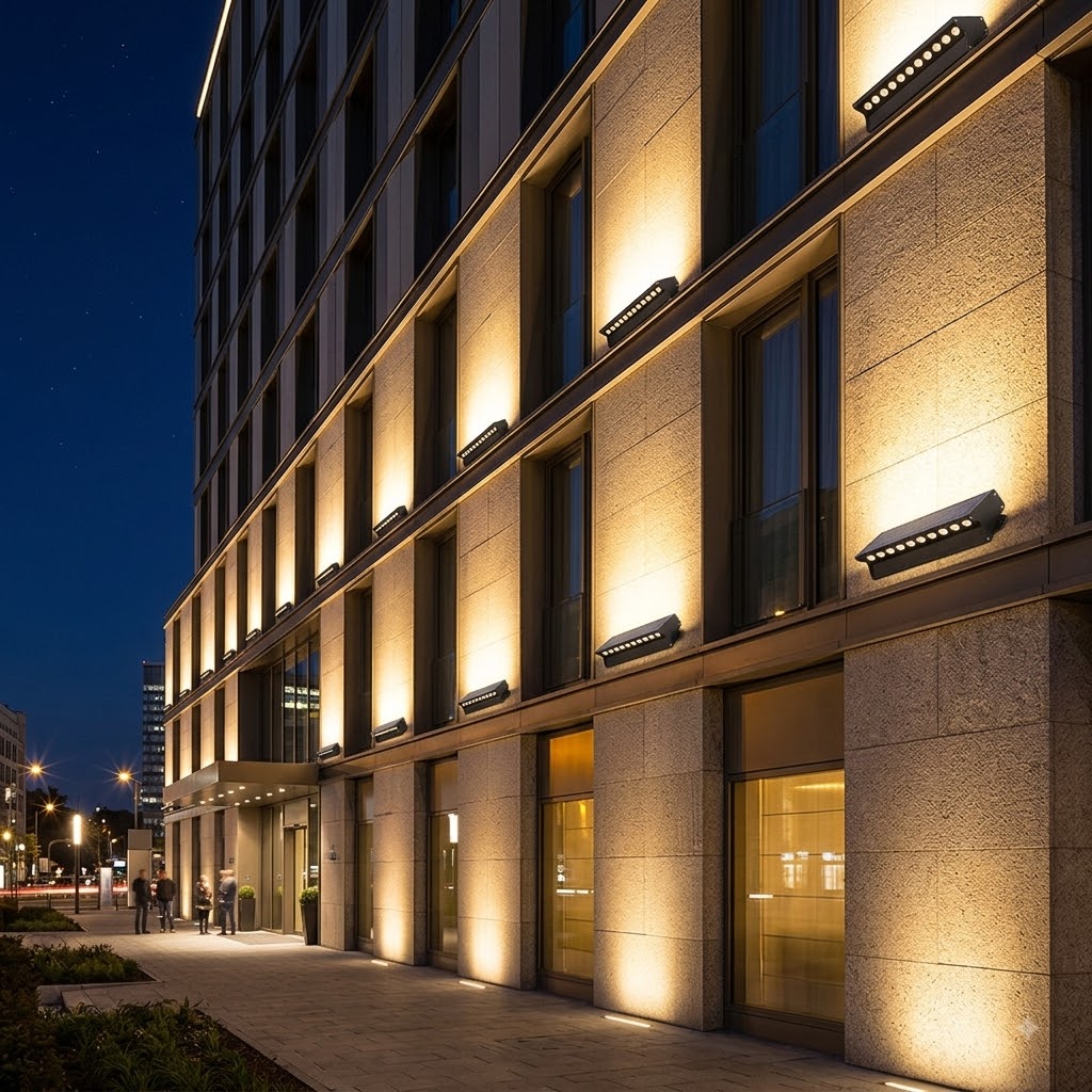 Modern hotel exterior wall illuminated upward by surface-mounted solar wall washers with uniform 3000K warm light.