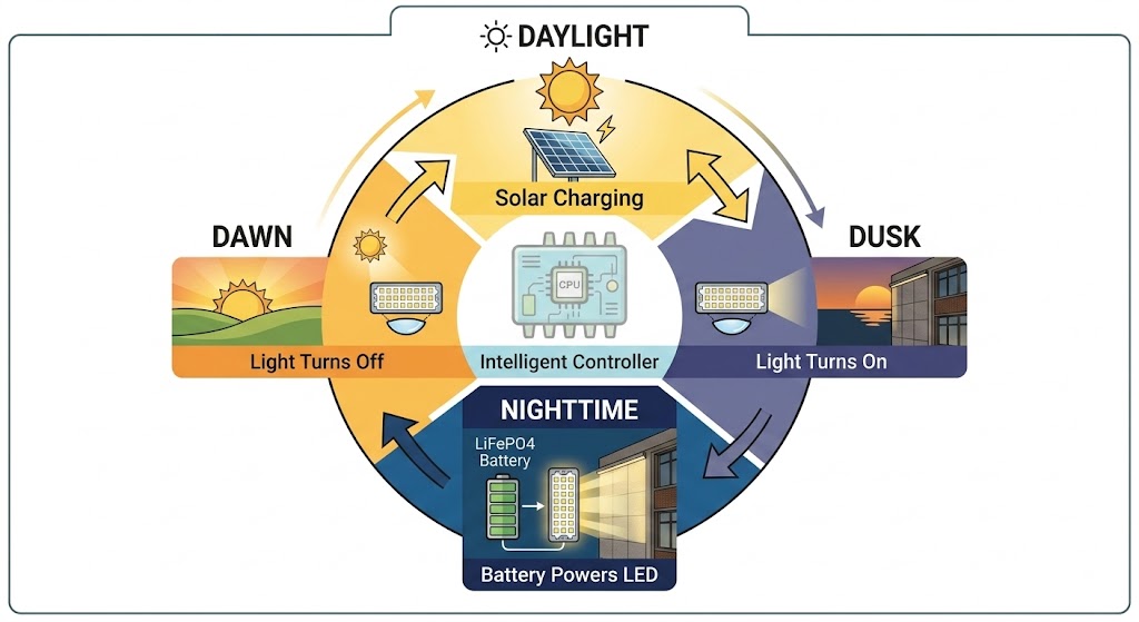 Diagram showing 24-hour operation cycle of solar wall washer from daylight solar charging to nighttime LED illumination.