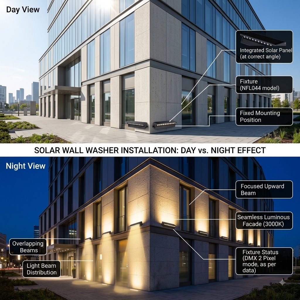Day vs night architectural view showing building facade with solar wall washer installation and warm 3000K lighting effect.