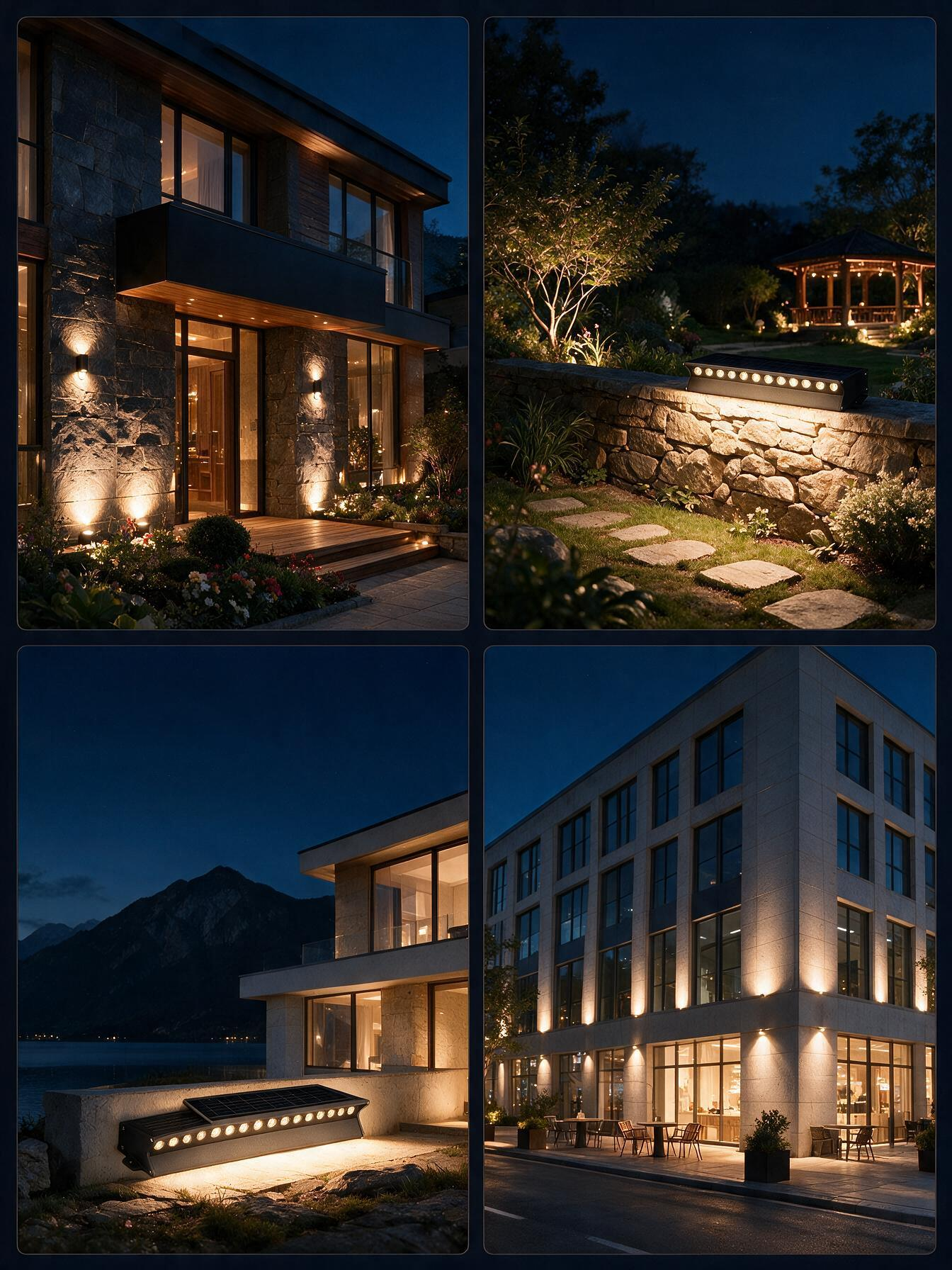 Grid of four architectural lighting applications using solar wall washers on stone walls, hotel facades, and garden boundaries.