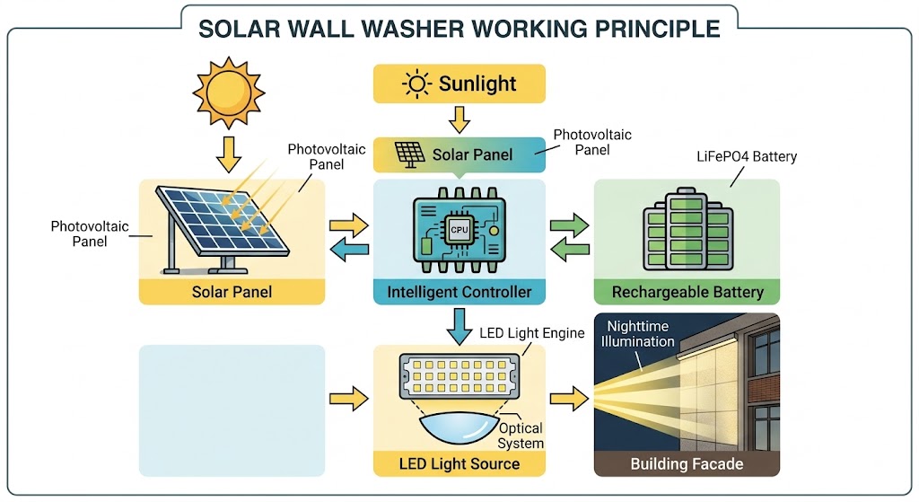 Infographic illustrating solar wall washer working principle from solar panel charging to LiFePO4 battery and LED light engine.