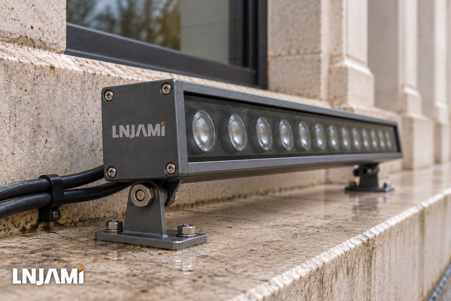 AI-generated close-up of an unlit linear wall washer with adjustable brackets and routed cables on a stone ledge