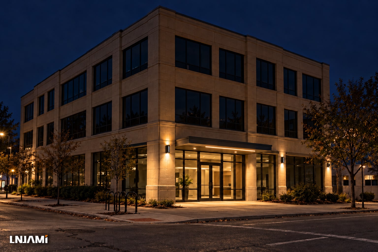 AI-generated nighttime commercial building with entrance lighting retained and dark upper facade windows