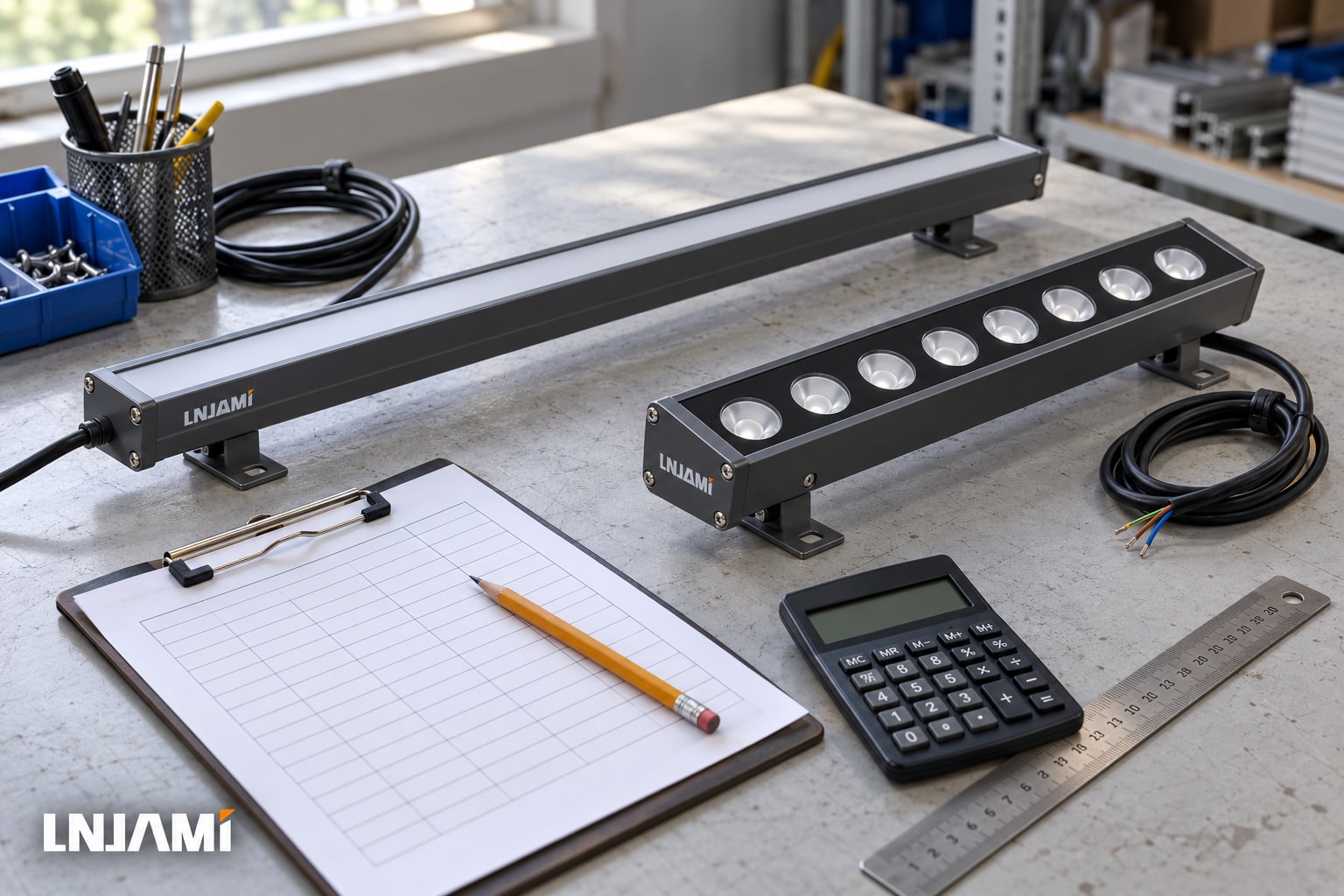 Photorealistic AI illustration of LNJAMI-marked linear lighting samples beside a fixture checklist, calculator and measuring ruler