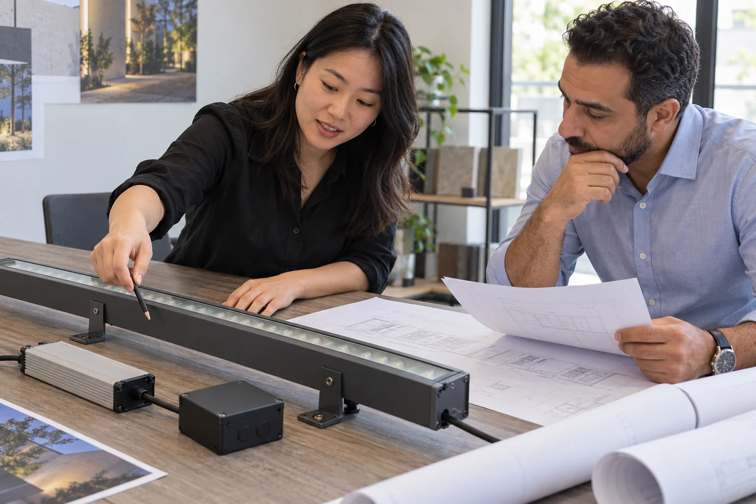 Project buyers reviewing a linear wall washer, separate driver and drawings on a table