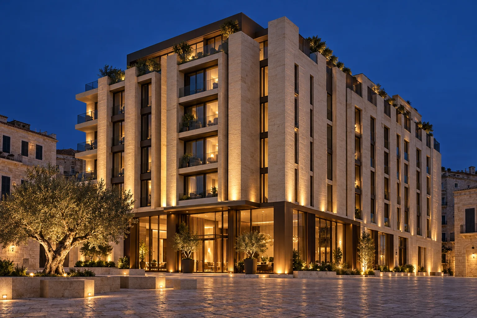 Warm lighting on selected stone piers and the entrance of a hotel facade at dusk