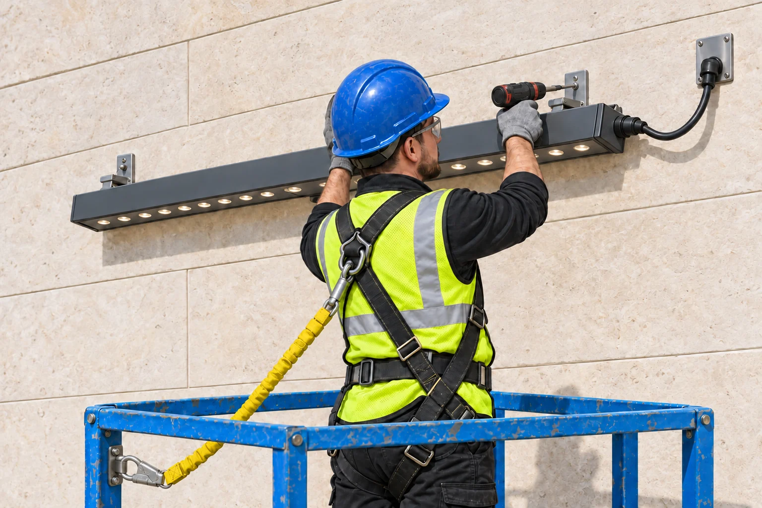 Installer in a guarded access platform fitting a linear lighting fixture to a stone facade