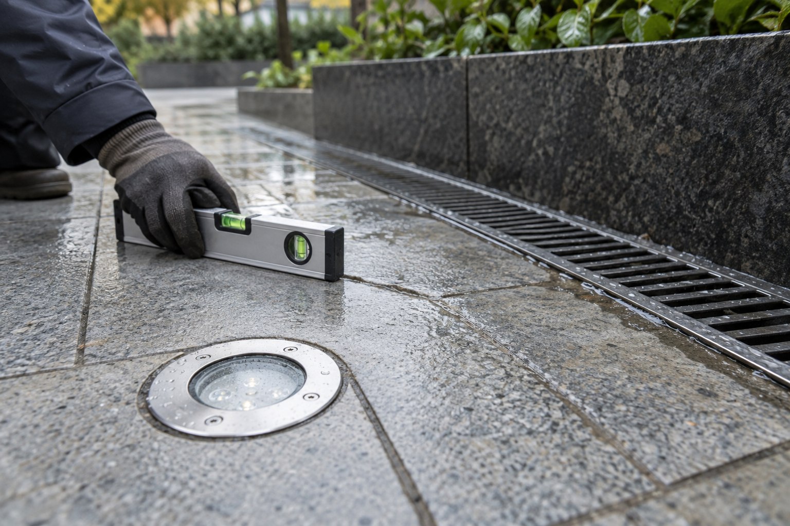 Checking finished paving levels beside a recessed ground light and a linear drainage channel after rain.