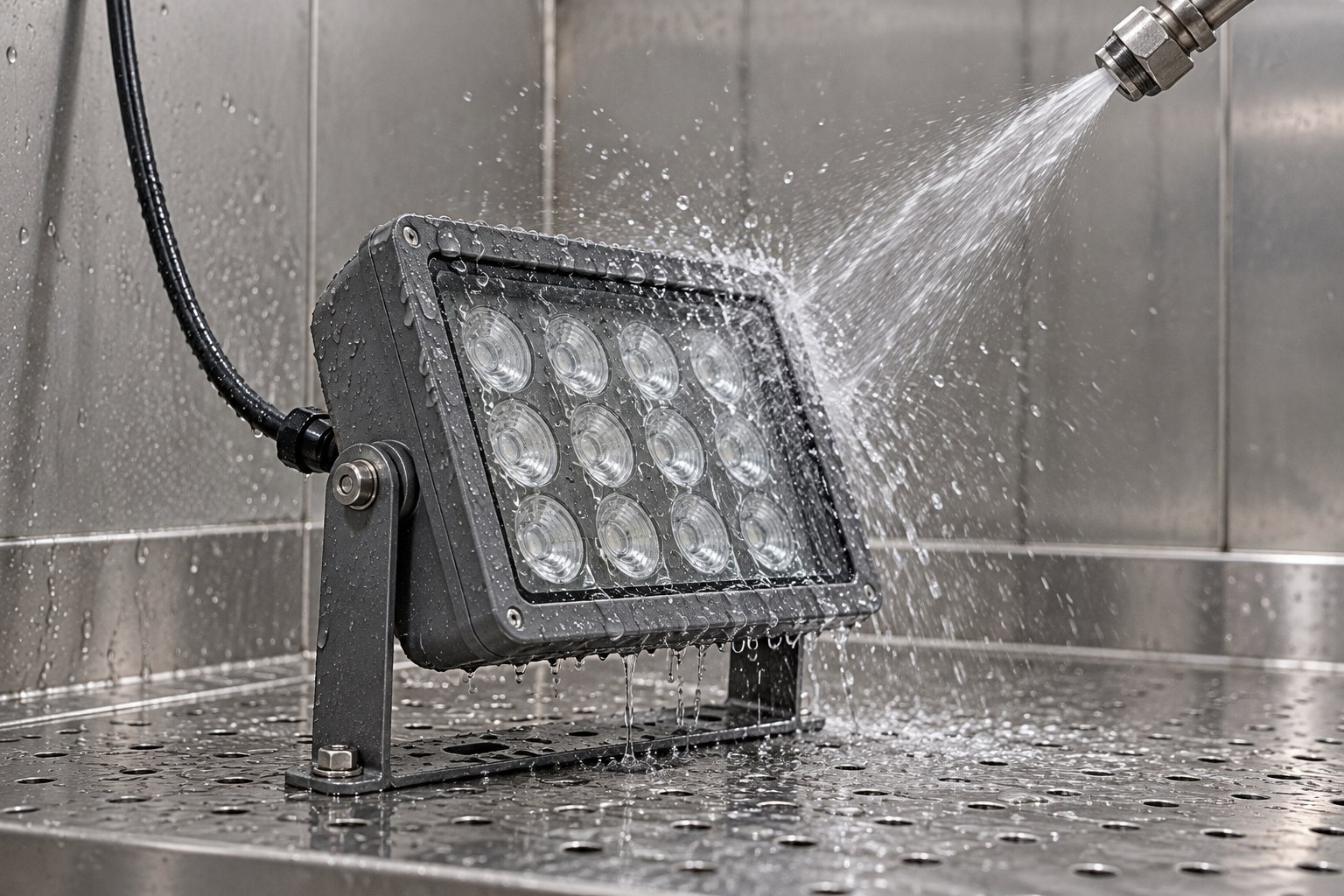 an outdoor LED floodlight under water spray.
