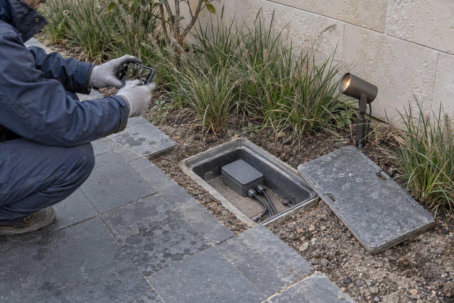An inspector records the position of an outdoor lighting junction chamber beside paving and a planted border.